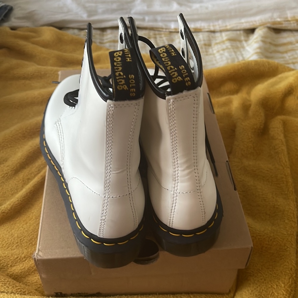 Dr. Martens White Leather Combat Boots with Black Trim and Yellow Stitching - Picture 4 of 7